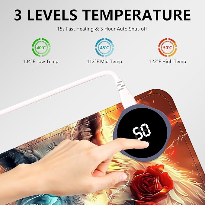 Heated Mouse Pad with 3 Levels Heated & 3 Hours Auto Shut-Off Mouse Pad for Warming Hands in Office Home, 23.6" x 14.2"Large Safe Desk Mat Hand Warmer，Wolf Rose