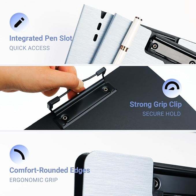 Clipboard Folder, with Dual Metal Clips, Embossed-Texture, Folding 360° Rotating, Nursing Clipboard for Letter and A4, Pen Holder (Silver, 5)