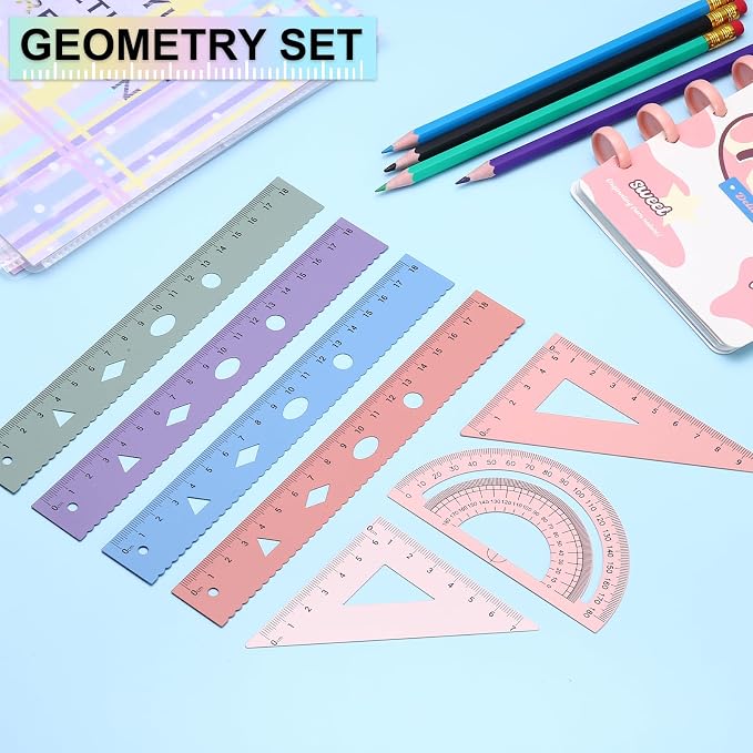 PATIKIL Geometry Set, 6 Inch Aluminum Ruler & 2 Triangles, Metal Protractor Ruler Math Drafting Measuring Tool for Home Office Math Drawing Engineering Art,Gradient Purple