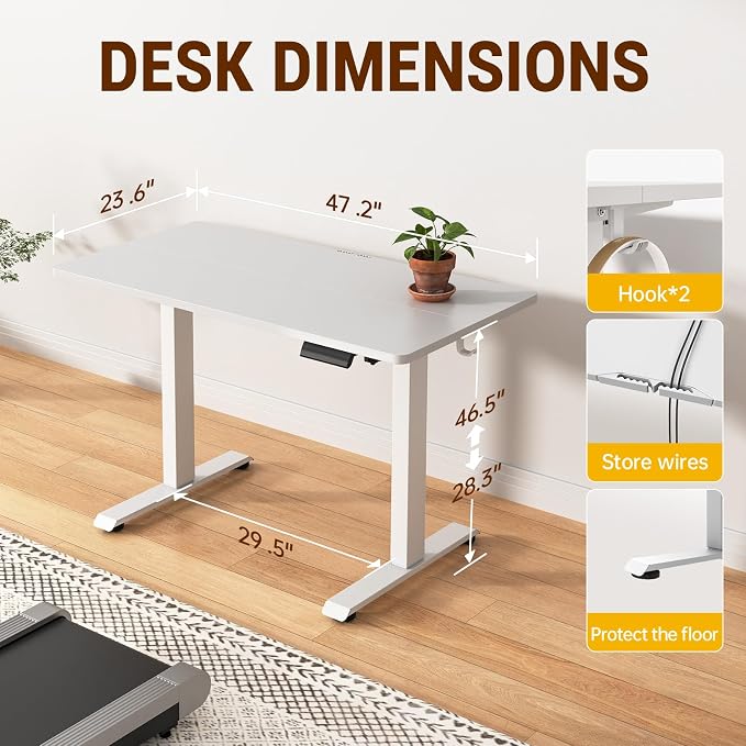Veken 47.2 Inch Large Electric Standing Desk, Gaming Table, White | Height Adjustable Sit Stand Up Computer Tables for Home Office, Study , Writing, Suit students, employees and group work