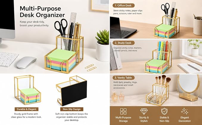 Feyarl Gold Glass Note Holder with Pen Pencil Cup 3x3 Inch Sticky Notes Desk Organizer Markers Pen Storage Desktop Accessory for Office Home Classroom