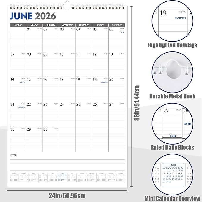 GuassLee Extra Large Wall Calendar 2026,Jumbo Vertical Wall Planner 2026-2027 from June 2026 to December 2027,19 Months with Julian Dates and Notes for Office School Home Teacher Planning,24"x 36"
