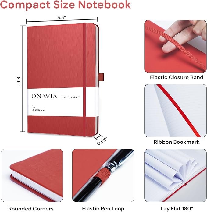 ONAVIA A5 Notebooks for Work, Lined Journal, 3 Pack, 160 Pages, Red | 80 Sheets, 5.8 x 8.3 in, Lay Flat, College Ruled, A5 Hardcover Journal, Lined Notebook for Work, School, Note Taking