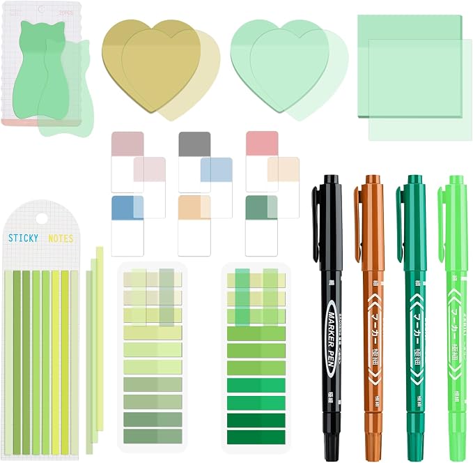 BAYTORY 850 Sheets Transparent Sticky Notes with Permanent Markers (Green) | Clear 3 x 3 inch Sticky Note to Post Book Annotation Kit, See Through Self-Adhesive Index Tabs for Bible Journaling
