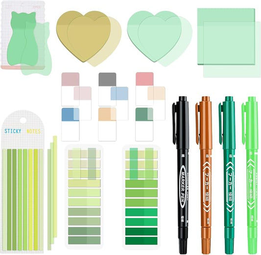 BAYTORY 850 Sheets Transparent Sticky Notes with Permanent Markers (Green) | Clear 3 x 3 inch Sticky Note to Post Book Annotation Kit, See Through Self-Adhesive Index Tabs for Bible Journaling