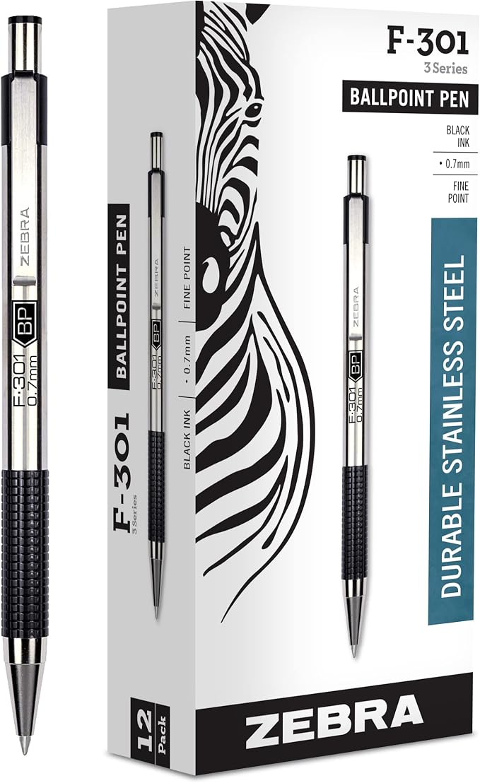 Zebra Pen F-301 Retractable Ballpoint Pen, Stainless Steel Barrel, Fine Point, 0.7mm, Black Ink (Pack of 6, 72 Count Total)