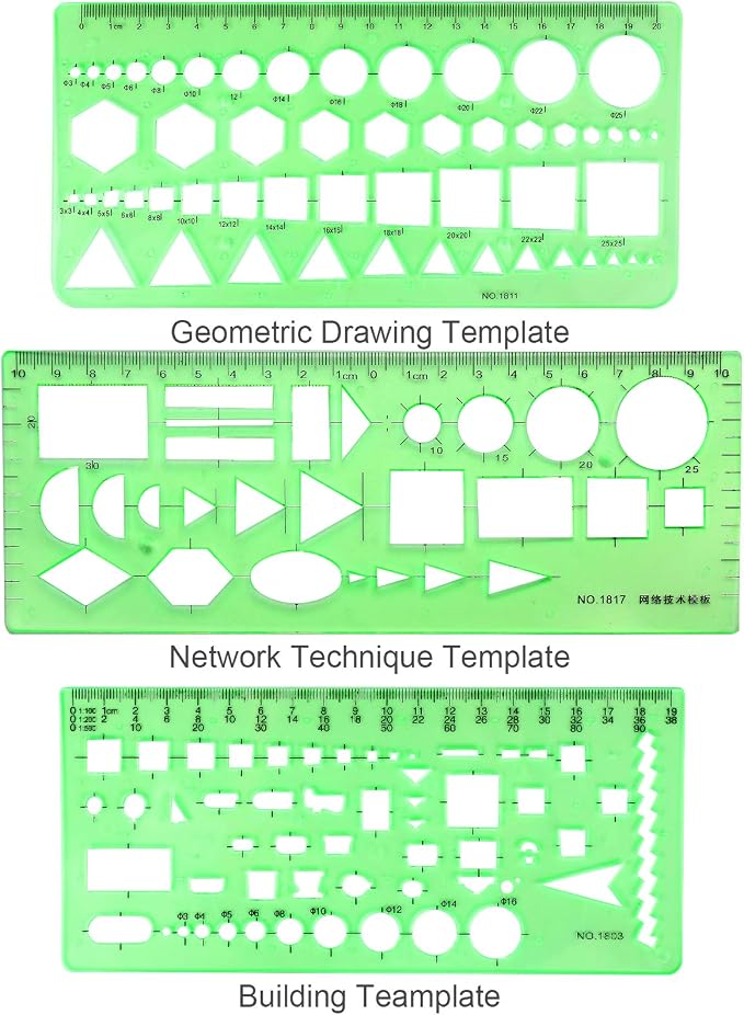 11PCS Geometric Drawings Templates, Drafting Stencils Measuring Tools, BetyBedy Plastic Clear Green Ruler Shapes with a Zipper Bags for Architecture, Office, Studying, Designing and Building