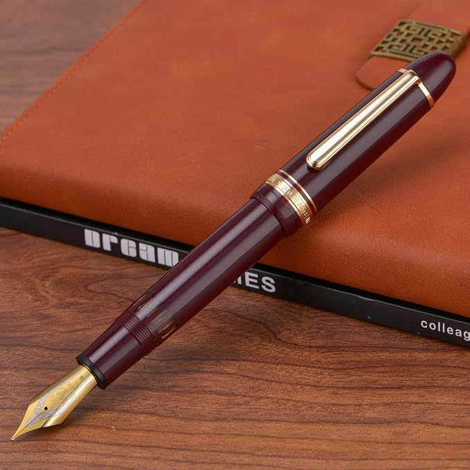 Yongsheng Junlai 930 Acrylic Fountain Pen, Size 9 Medium Nib with Piston Filling System, Wine Red Fence Ink Tank with Torpedo Shape Design Large Hand Pen (Gold Trim)
