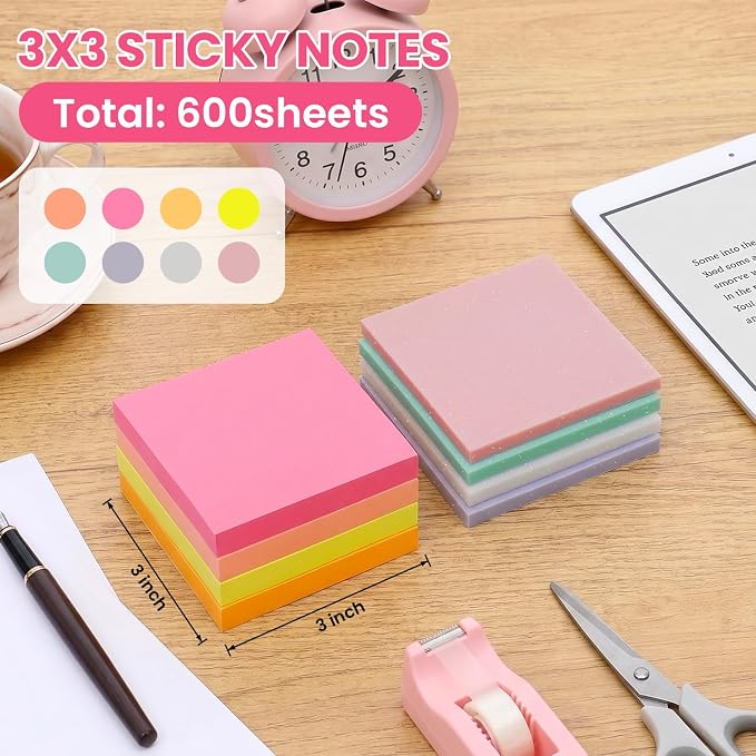 3x3 Sticky Notes, 4 Pads Clear Sticky Notes + 4 Pads Colorful Sticky Pads | Office Todo List & Brainstorming;Perfect for Textbook Annotation & Reminders;Great for Classroom Organization & Board Work