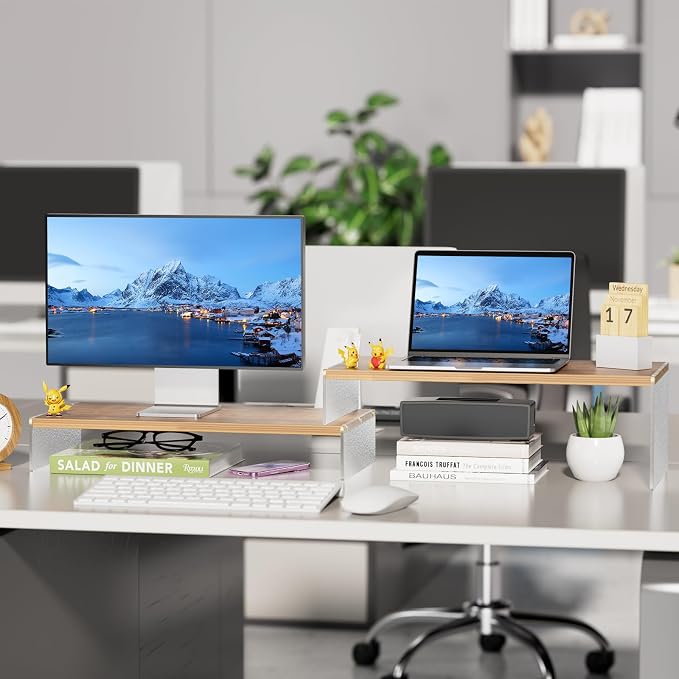 YGYQZ Adjustable Monitor Stand Riser, 9.4" ×19.3" Dual Monitor Desk Stand | Adjustable Monitor Riser, Expandable Desk Organizer, 2-Tier Storage, Acrylic Legs, Ergonomic Workspace, Wood Glacial Striae