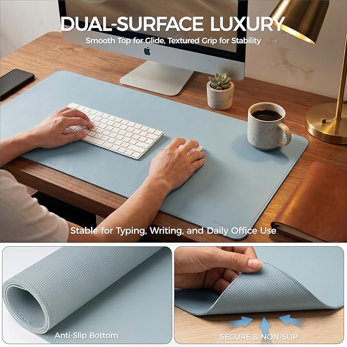 Large Desk Pad Non-Slip Desk Mat Protector for Keyboard Mouse Waterproof Vegan Leather Surface Faux Leather Laptop Mat Smooth Mouse Pad Premium Gift Tube Morning Fog Blue 23.6" x 13.7"