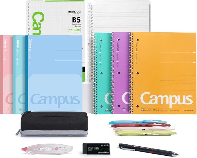 KOKUYO College Stationery Kit, B5 Smart Ring Binder+Graph Paper, 6 Notebooks (Wide+Flat), 0.9mm Mechanical Pencil, 4 Gel Pens (0.5mm Black), Correction Tape, Eraser, Pencil Pouch for College & Office
