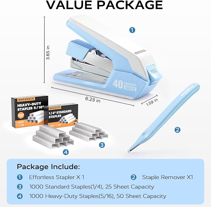 Marsrock Effortless Stapler for Desk with 40-50 Sheet Capacity, 2000 Staples, 1-Touch Stapling, Ergonomic & Easy to Load Desktop Staplers, Heavy Duty Stapler, and Magnetic Staple Remover, Blue