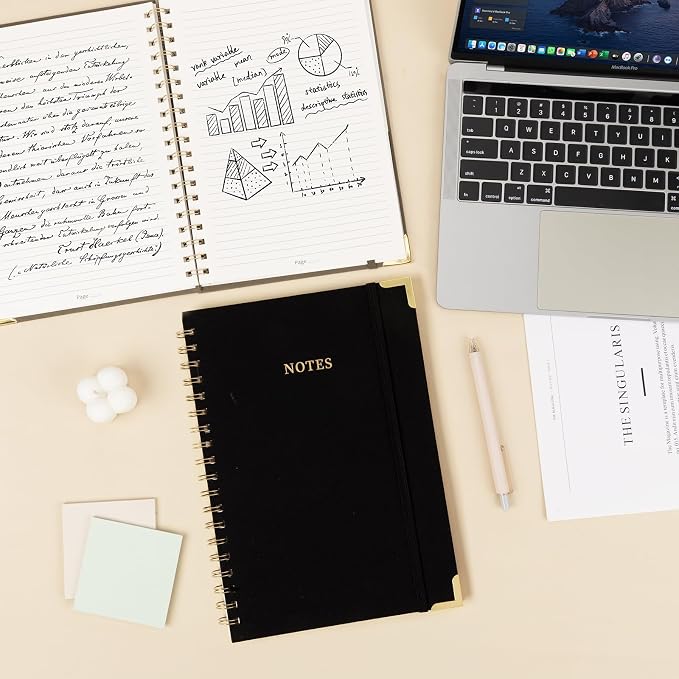 B5 Spiral Notebook Journal, (6.9×9.8'' ) 100 Pages 50 Sheets Linen Hardcover College Ruled Journaling For Work & Note Taking Thick Spiral Journal For Writing Daily Journal For Women & Men -Black