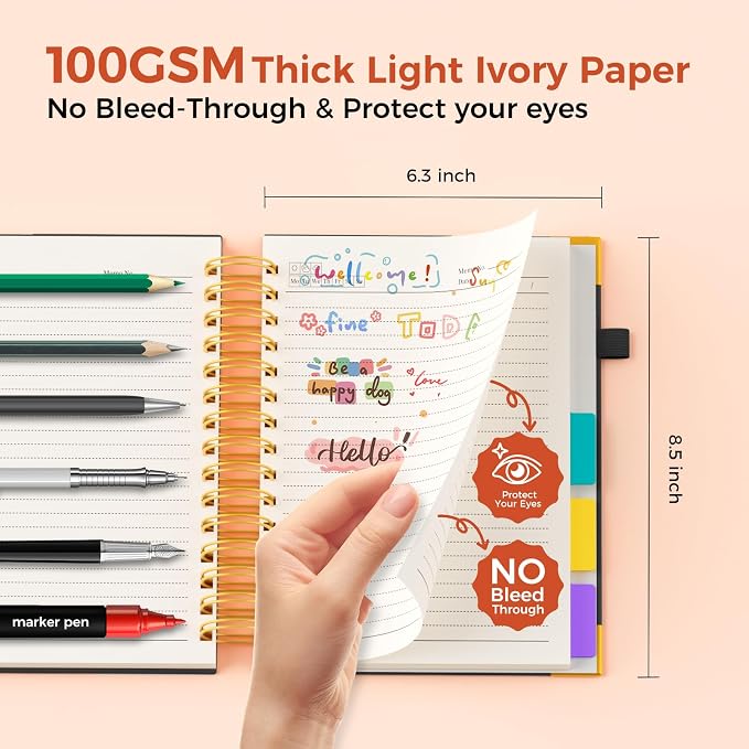 XYark A5 Hardcover Spiral Notebook, 6.3"x8.5" College Ruled Notebooks with Removable Dividers Tabs & Ruler, 5 Subject Notebook 300 Pages, Small Lined Journal for Women Men School Work Office, Black