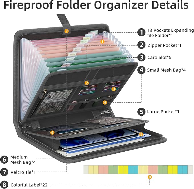 Fireproof Accordion File Organizer, Expanding File Folder with 13 Pockets | Portable Document Organizer with Waterproof Zipper & Labels, File Organizer for Important Document/Paper Storage, Dark Gray
