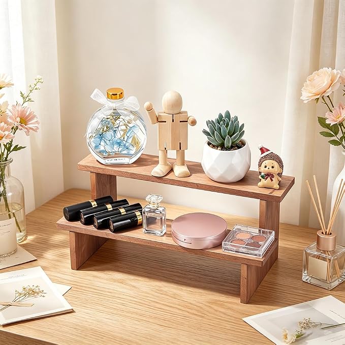 NBEADS 2-Tier Wooden Display Riser Shelf, Tabletop Small Food Stand Risers Display Makeup Step Perfume Organizer for Fragrance Cosmetics Figure Collection, Peru, 11.65×5.47×5.00inches
