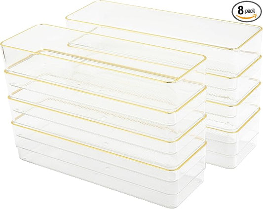 Martha Stewart Kerry Plastic Stackable Office Desk Drawer Organizers, 9" x 3", 8 Pack, with Gold Trim