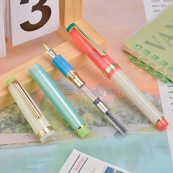 2PCS Jinhao 82 Fountain Pen Extra Fine Nib & Fine Nib with Converter, Mixed Macaroon Blue Red Gold Trim Writing Pen Set