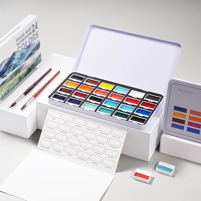 Fuumuui 24 Opaque Semi-Solid Watercolor Paint Set, Vivid Bright Professional Art Supplies with Strong Pigments & Coverage, for Artists Beginner Painters Amateur Hobbyists Painting