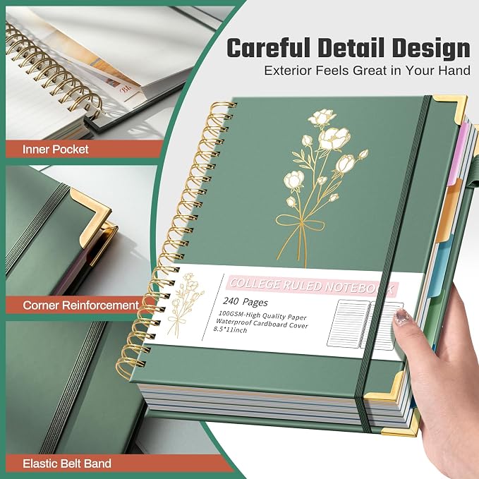 Ovesmusl Hardcover Spiral Notebooks 8.5" X 11" Note Taking 5 Subject Notebook College Ruled with Dividers 240 Pages 100GSM Aesthetic Spiral Notebook for Work School Cute Journals for Women Writing