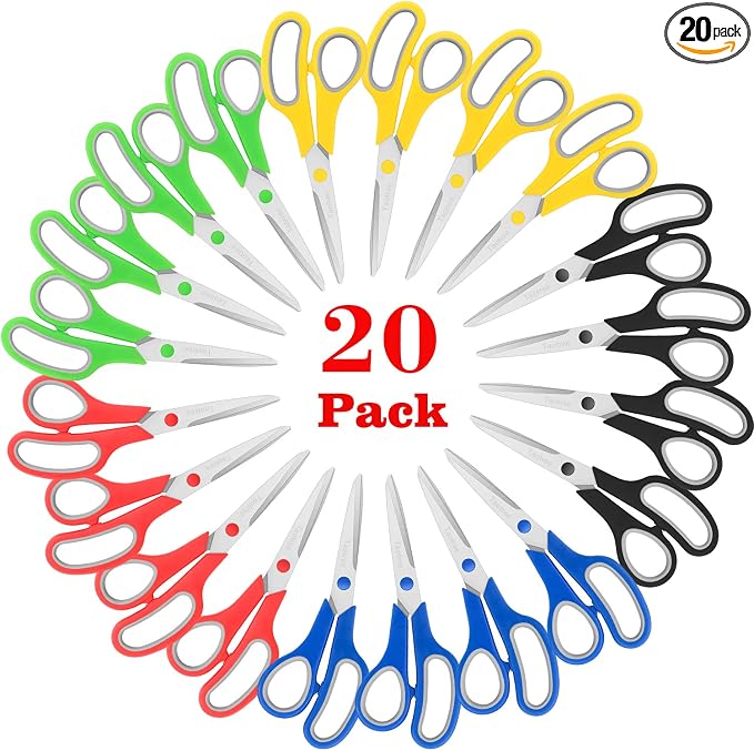 Scissors Bulk Set 20-Pack, Taotree 8" All Purpose Scissors for School | Comfort-Grip Sharp Shears for School Supplies Office Desk Home, Classroom Teacher Sewing Fabric Craft, Right/Left Handed