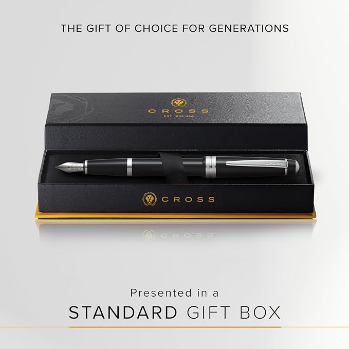 Cross Bailey Light Polished Black Resin Medium Nib Fountain Pen - Professional Pen for Effortless Writing - Journaling, Note-Taking & More - Black Ink - Easy Handling - Includes Gift Box