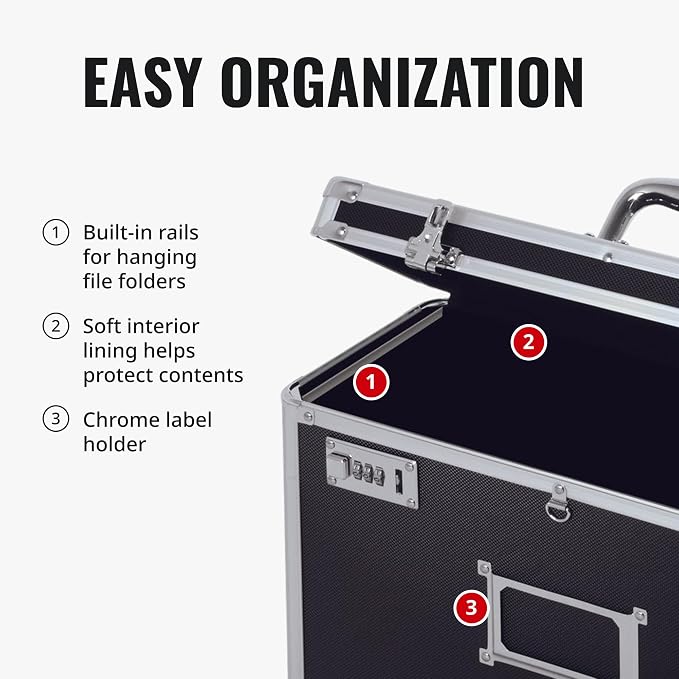 Vaultz File Organizer Storage Box - 14 x 7.25 x 12 Inch Legal Size, Portable Locking Storage Totes with Dual Combination Locks for Filing Office Documents - Black