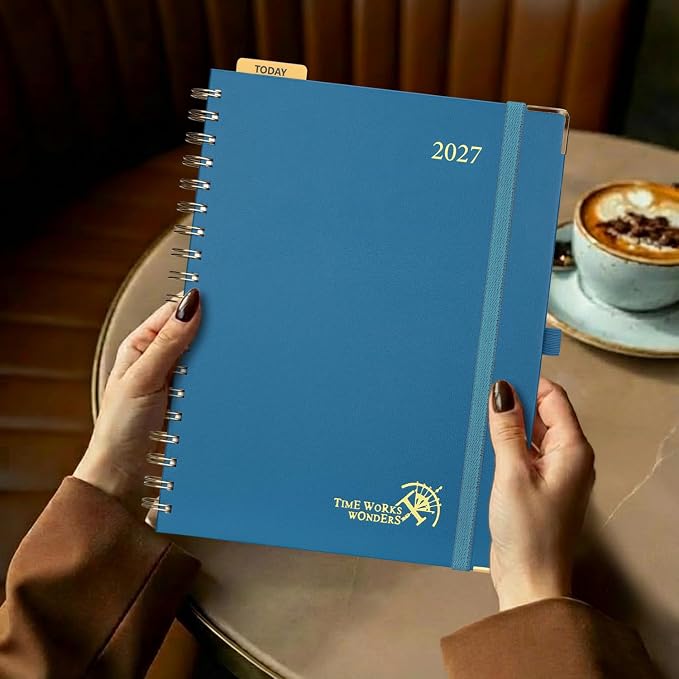 POPRUN 2027 Planner Daily Weekly and Monthly Calendar with Hourly Schedule, Monthly Tabs(Large Size 10'' x 8'' Wire-Bound Hard Cover) - Agenda 2027 (Jan.2027-Dec.2027) - Night Sky Navy Blue