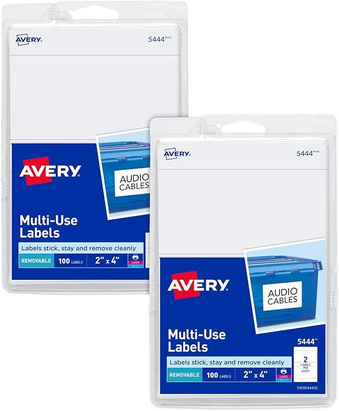 Avery Printable All-Purpose Removable Labels, 2" x 4", Customizable Blank White Labels, Write or Print, Great for Organization Projects, 2 Packs, 200 Total (7827)