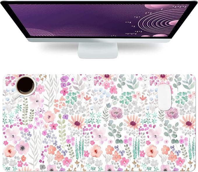 Flower Large Mouse Pad, Floral Desk Matt for Desktop, PU Leather Waterproof Desk Pad, Computer PC Laptop Protector Gaming Mouse Pads for Women Office Decor (27.5" x 13.8")