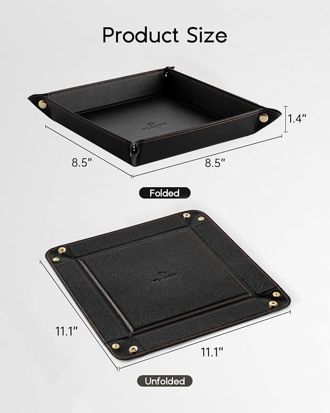 VLANDO Valet Tray, Foldable PU Leather Catchall Tray, Black | Valet Tray for Men, Nightstand, Dresser, Desk, Entryway and Travel Organizer for Keys, Wallet, Watch, Phone, Glasses and EDC