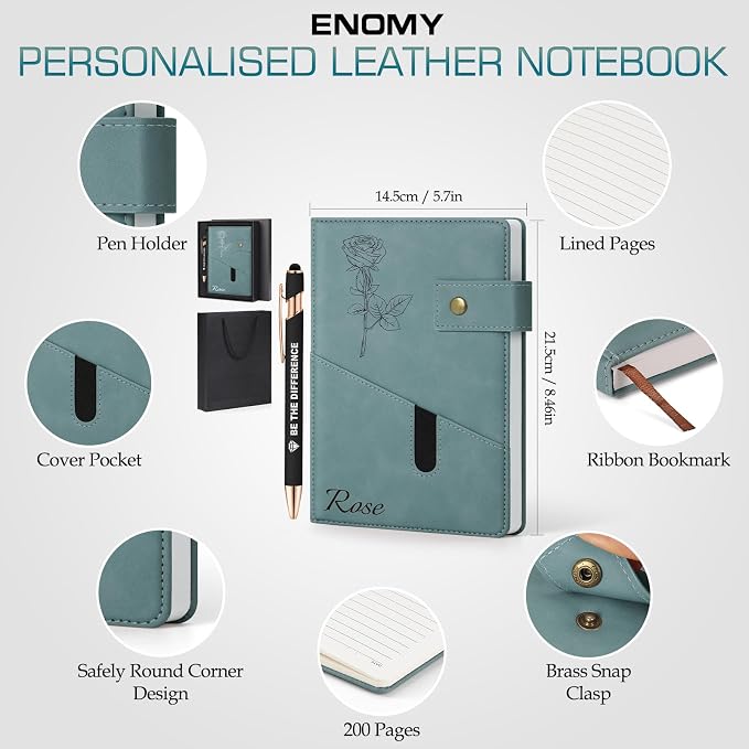 ENOMY Personalized Notebook & Pen Set Custom A5 PU Leather Journal Gift Box, Khaki