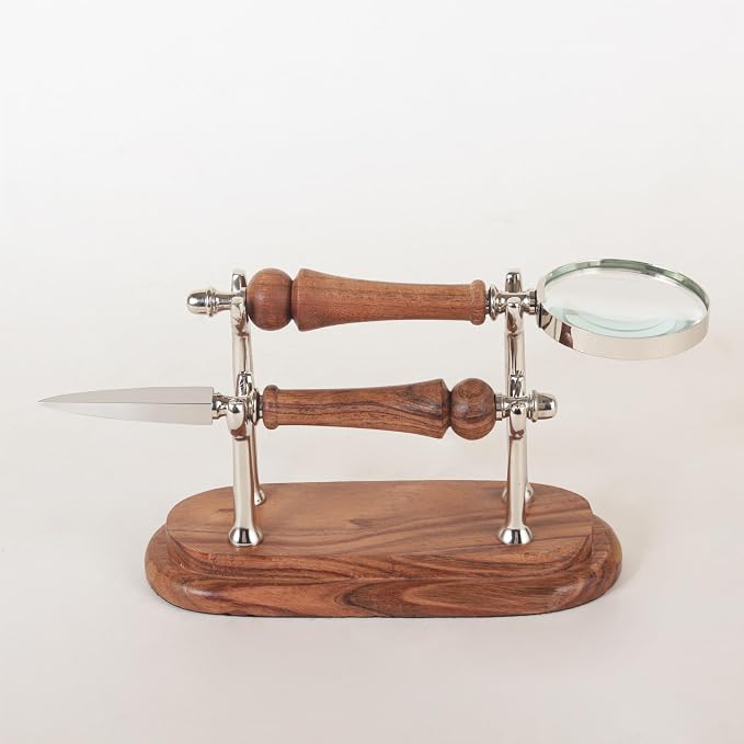 Set with Magnifying Glass and Letter Opener, Silver Brown Wood Office Desk Accessories, Decorative Home Office Decor, Professional Business Gift (Silver Brown Oval)