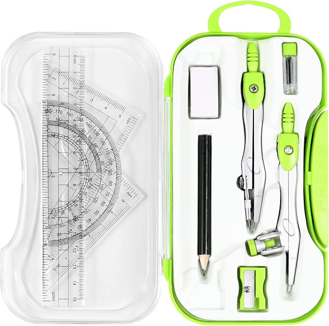 Unjoo Geometry Set 10 Pcs Student Supplies, Protractor and Compass (Green） | Shatterproof Storage Box,Rulers,Protractor,Compass,Eraser,Pencil Sharpener,Lead Refills,Pencil,for Classroom, Back to School