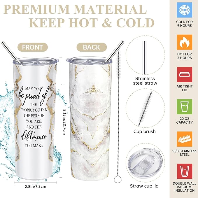 Domensi 6 Pcs Employee Appreciation Gift Set for Women Female Thank You Gift May You Be Proud 20 oz Rustic Marble Sign Tumbler Makeup Bag Journal for Boss Teacher Work Business(White)