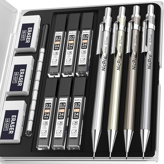 Nicpro 4 Pack Mechanical Pencil 0.7mm, MB1000 Metal Mechanical Pencil Set | 6 Tube HB #2 Lead Refill 0.7 mm, 3PCS 4B Eraser, 9 Cap Eraser, Storage Case for Artist Drafting Writing, Sketching, Drawing