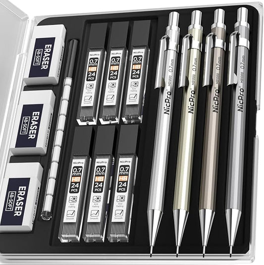 Nicpro 4 Pack Mechanical Pencil 0.7mm, MB1000 Metal Mechanical Pencil Set | 6 Tube HB #2 Lead Refill 0.7 mm, 3PCS 4B Eraser, 9 Cap Eraser, Storage Case for Artist Drafting Writing, Sketching, Drawing