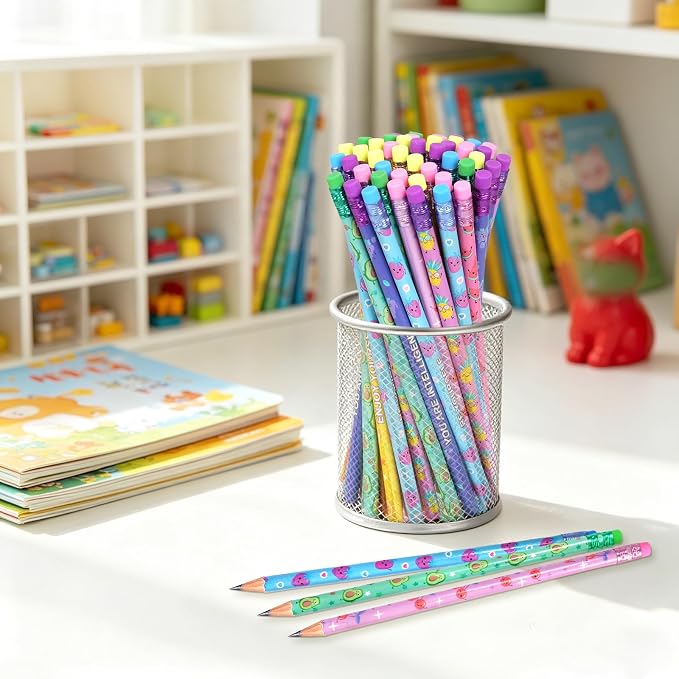 Rbenxia 48PCS Wooden Pencils with Erasers Assortment Colorful Novelty Pencils Awards Incentives Supplies Giveaways Party Favor (Fruit Elements)