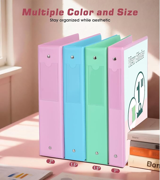 3 Ring Binder 1 inch，Cute Binder Organizer with 5 Tab Dividers Fits 175 Sheets of 8.5x11 Paper, Customizable Clear Cover with Inside Pockets, Aesthetic 1" Three Ring Binders for School Office，Pink