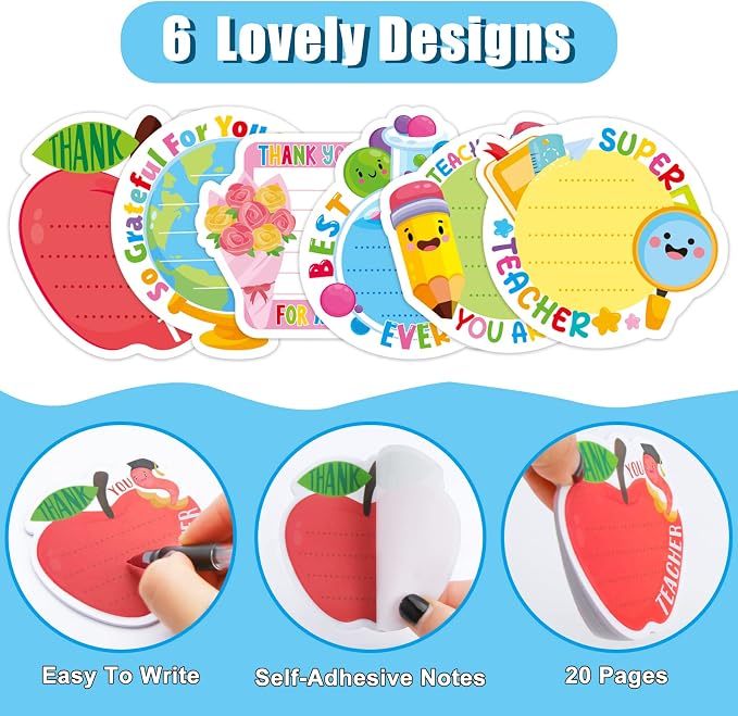 30 Pack Teacher Sticky Notes - 600 Sheets Teacher Notepads for Appreciation Gifts Colored Sticky Notes Cute Sticky Notes Pads for Teacher Thank You Gifts School Supplies