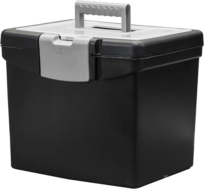 Storex 61504B02C Portable File Box with XL Lid, 11 x 13-1/2 x 11 Inches, Black (Pack of 3)