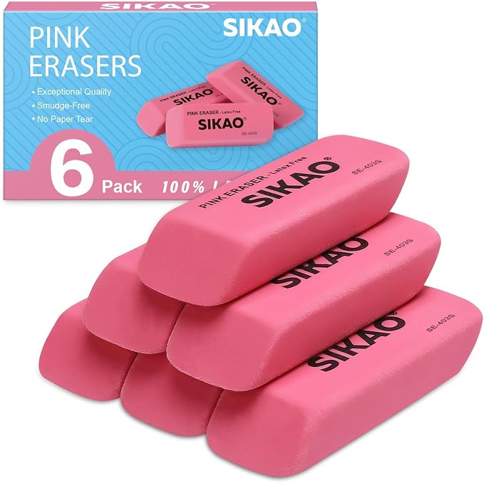 Pink Erasers, 6 Pack Pencil Erasers | Latex-Free & Smudge-Free Beveled Rubber Erasers for School Supplies, Classroom, Art & Homework