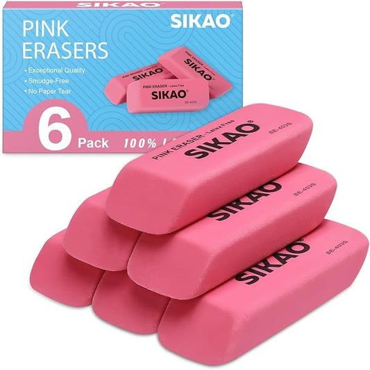 Pink Erasers, 6 Pack Pencil Erasers | Latex-Free & Smudge-Free Beveled Rubber Erasers for School Supplies, Classroom, Art & Homework