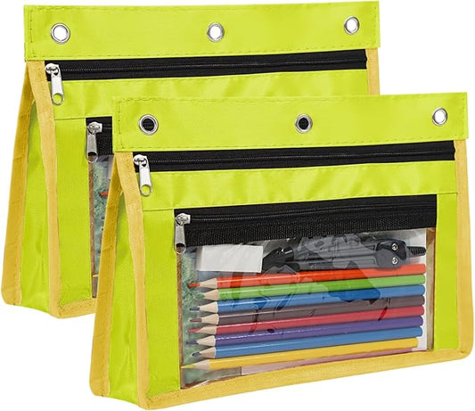 YoeeJob 2 Pack 1 Inch Expandable Zipper Pencil Pouches with Clear Window for 3 Ring Binder, Suitable for School & Office（Yellow）