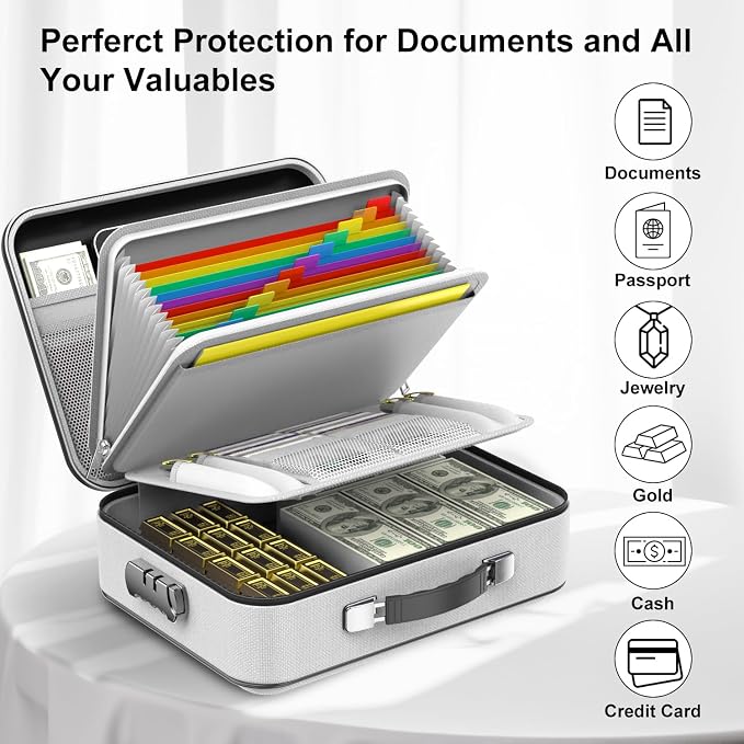 COLCASE Fireproof Document Organzier with Lock, Hard Fireproof Document Box | Hard-Shell Fireproof Waterproof Document Box with Combination Lock Grey
