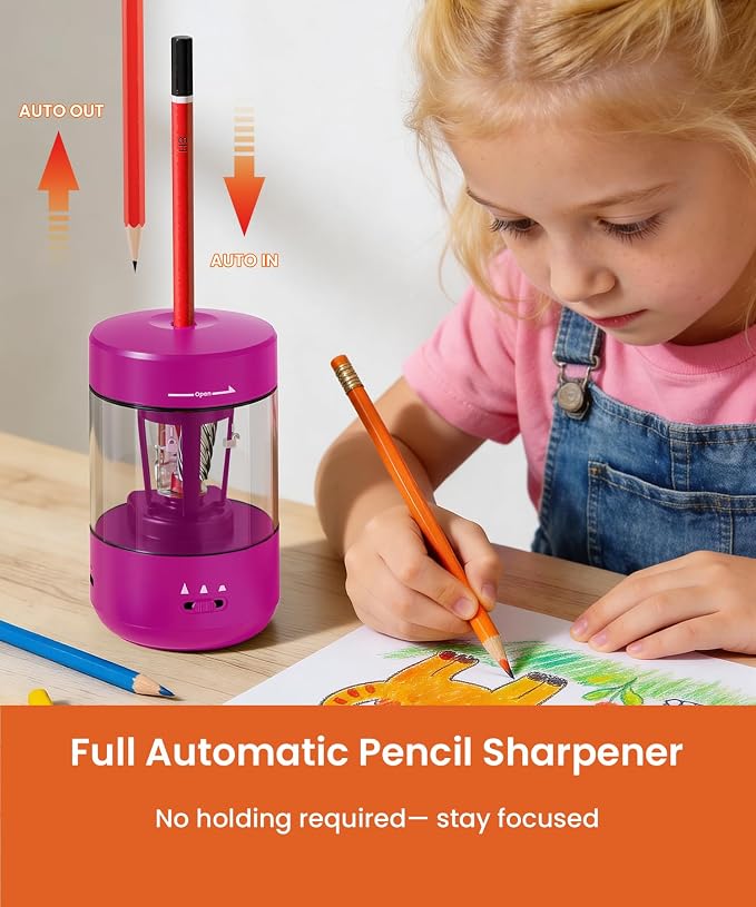 Electric Pencil Sharpener for Classroom, Fully Automatic Pencil Sharpener for 6-8mm & Colored Pencils, Auto in & Out Type-C Rechargeable Pencil Sharpeners for Home, School