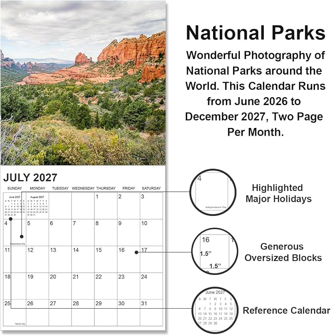 2026-2027 Calendar for Wall, National Parks Calendar 2026-2027 from July 2026 - December 2027, 12" x 24" Opened 19 Months Calendar, Full Page Months Thick & Sturdy Paper for Gift Perfect Organizing & Planning