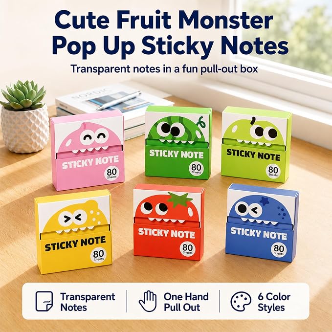 6 Boxes of Transparent Pull Out Sticky Notes (480 Sheets Total), Cute Fruit Monster Pop Up Sticky Notes, Office Stationery Work Accessories with Strong Adhesion Suitable for Office Work