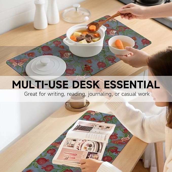 Botanical Floral Desk Pad Blotter,Large Mouse Pad 35 x 17in,PU Leather Desk Mat Writing Pad Protector, Non-Slip Waterprrof,Desktop Decor for Home Office Women Girls (Pomegranate Flower Butterfly)